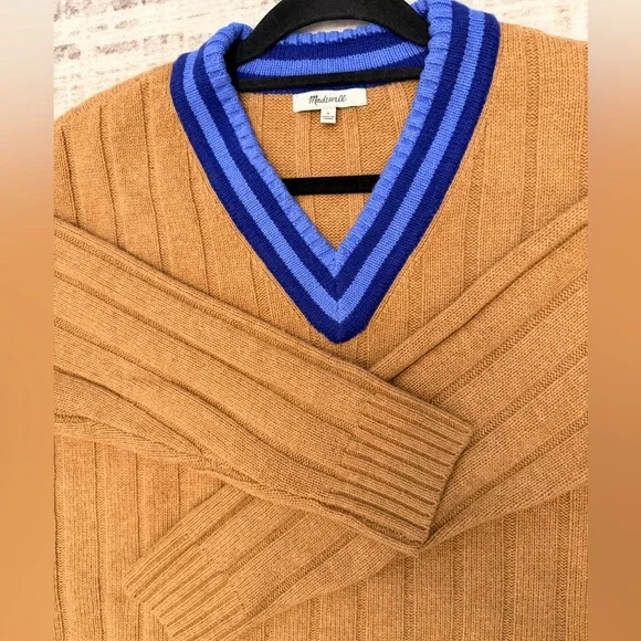 Madewell Camel Tan Ribbed V Neck Sweater Blue Stripe Trim Varsity Size S - Picture 9 of 12